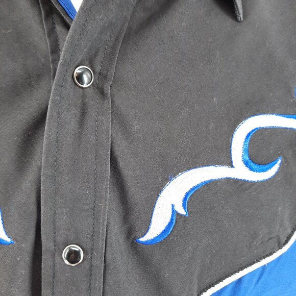 Ely Cattleman Rodeo Western Blue Shirt Men's Size M Roping Cowboy Black Snap - Picture 3 of 7